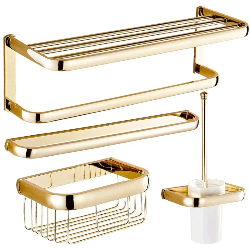 DecorBites™ Gold Brass Bathroom Hardware Set: Paper Holder, Towel Bar, Soap Basket, Towel Rack