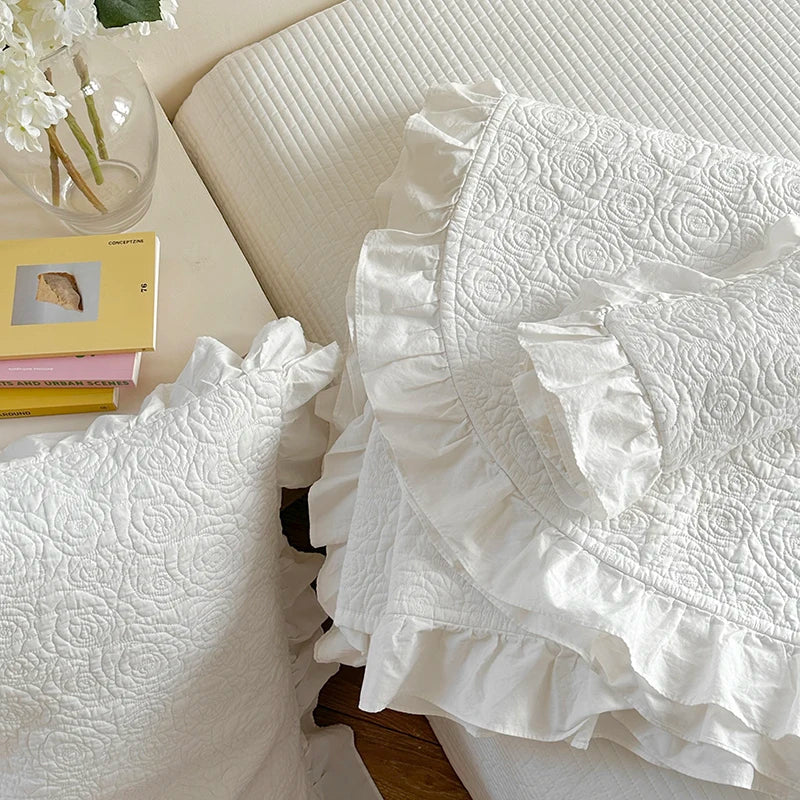 Decobites Rose Flower Bed Cover Set: Quilted Washed Cotton with Lace Ruffles, Two-Sided Design