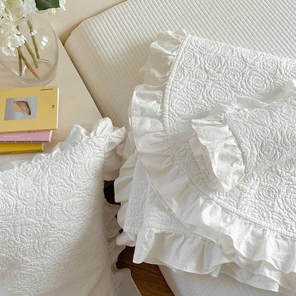 Decobites Rose Flower Bed Cover Set: Quilted Washed Cotton with Lace Ruffles, Two-Sided Design