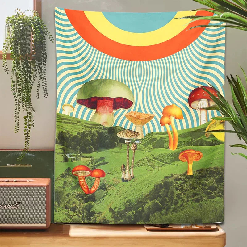 Psychedelic Mushroom Mountain Tapestry by Decobites - Hippie Bohemian Wall Decor