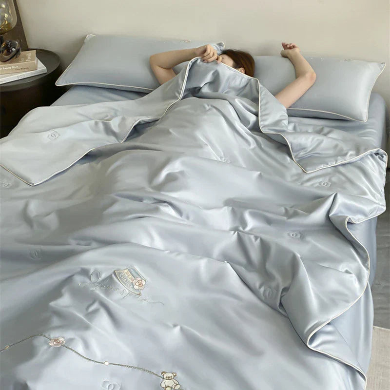 DecorBites™ Bear Floral Embroidery Summer Blanket Set with Cooling Feel