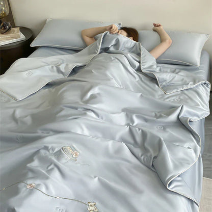 DecorBites™ Bear Floral Embroidery Summer Blanket Set with Cooling Feel