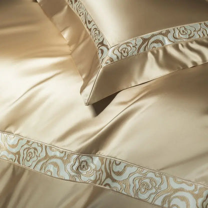 Decobites Satin Brocade Luxe Embroidery Bedding Set Champagne Cotton Duvet Cover Bed Sheet Pillowcases