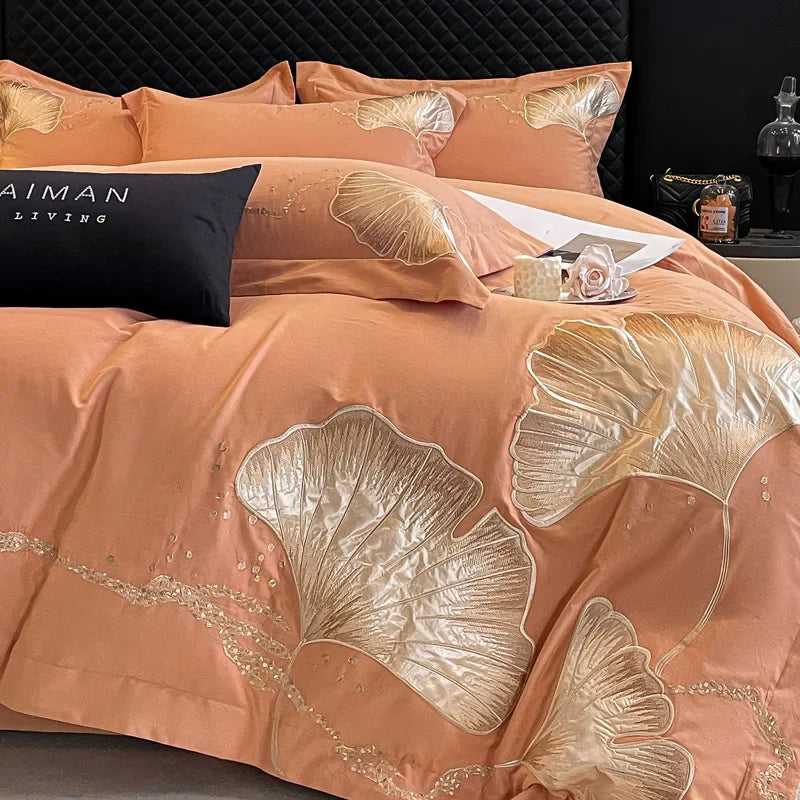 Juego de Ropa de Cama con Bordado de Hoja de Ginkgo Oro Decorbites™ - Lujo 100% Algodón 4 Piezas