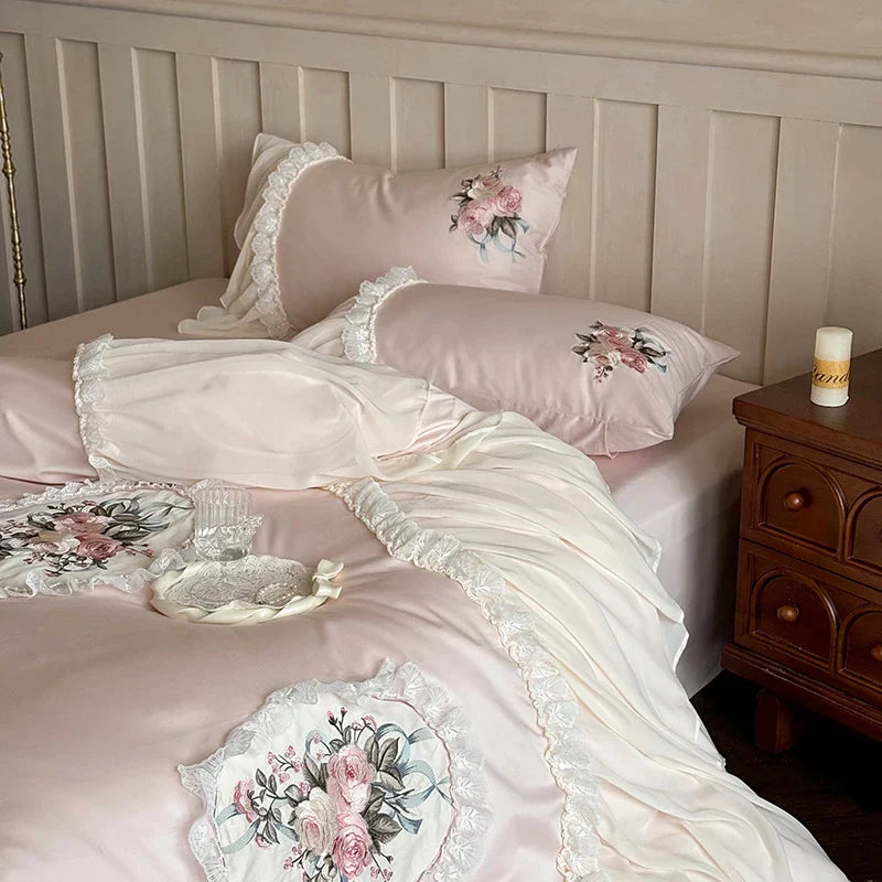 Decobites Pink Flowers Lace Ruffles Wedding Bedding Set 1000TC Egyptian Cotton Décor