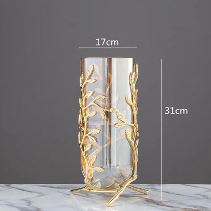 DecorBites™ Gold Frame Glass Vase with Rattan Branches for Home Decor & Flower Arrangement