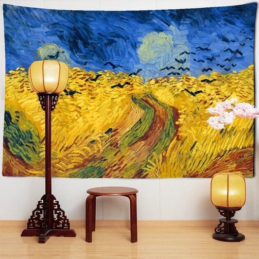 Decobites Golden Field Oil Painting Tapestry Wall Hanging - Retro Hippie Art Decor