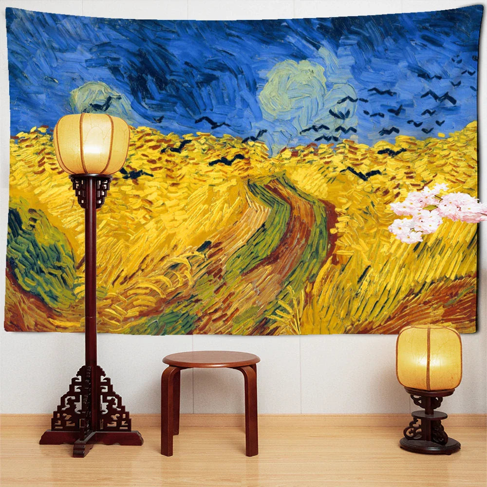 DecorBites™ Golden Field Oil Painting Tapestry Wall Hanging - Retro Hippie Art Decor