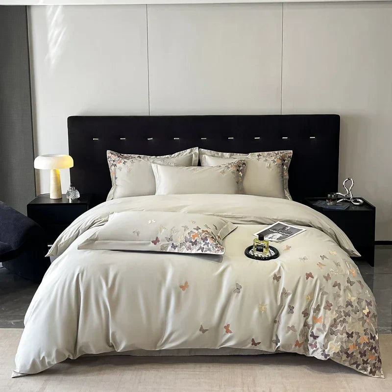 DecorBites™ Butterflies Embroidery Bedding Set - King Queen Ru Size Bed Linens Sheet Pillowcase Comforter Cover Set
