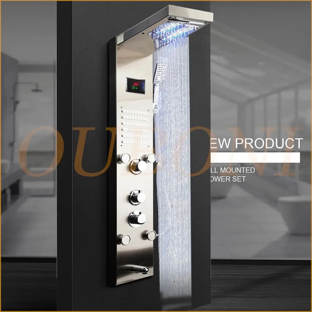 DecorBites™ Dark Grey LED Shower Panel Column with Rainfall Waterfall Spa Jets
