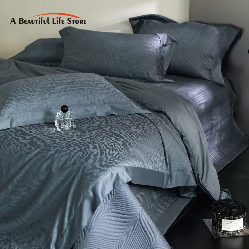 Conjunto de Ropa de Cama Jacquard de Algodón Egipcio Luxe™ Decorbites: Edredón, Cubrecama, Sábana, Fundas de Almohada