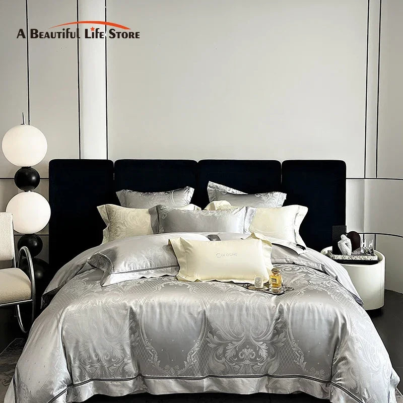 DecorBites™ Brocade Satin Jacquard Egyptian Cotton Bedding Set, Luxury Silky Duvet Cover, Bed Sheet, Pillowcase