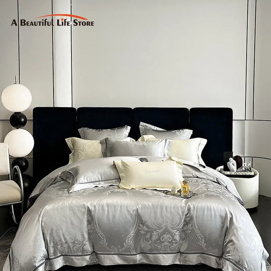 DecorBites™ Brocade Satin Jacquard Egyptian Cotton Bedding Set, Luxury Silky Duvet Cover, Bed Sheet, Pillowcase