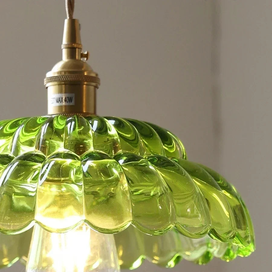 DecorBites™ LED Pendant Lamp with Adjustable Wire, Copper Socket, Walnut Wood, Green Glass