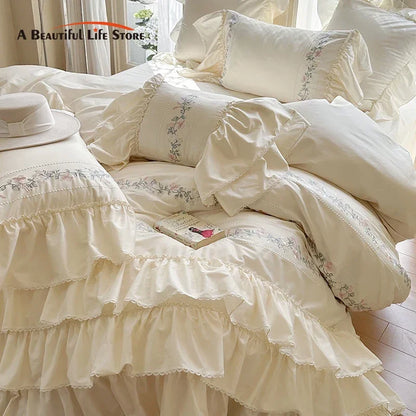 Decobites Luxe Three-Layer Ruffles Flowers Embroidery Cotton Girl Bedding Set 4Pcs