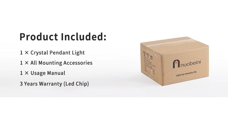 brown cardboard box with nuobeini logo and tagline for modern luxurious crystal led wall sconce gold curved lamp for bedroom packaging.