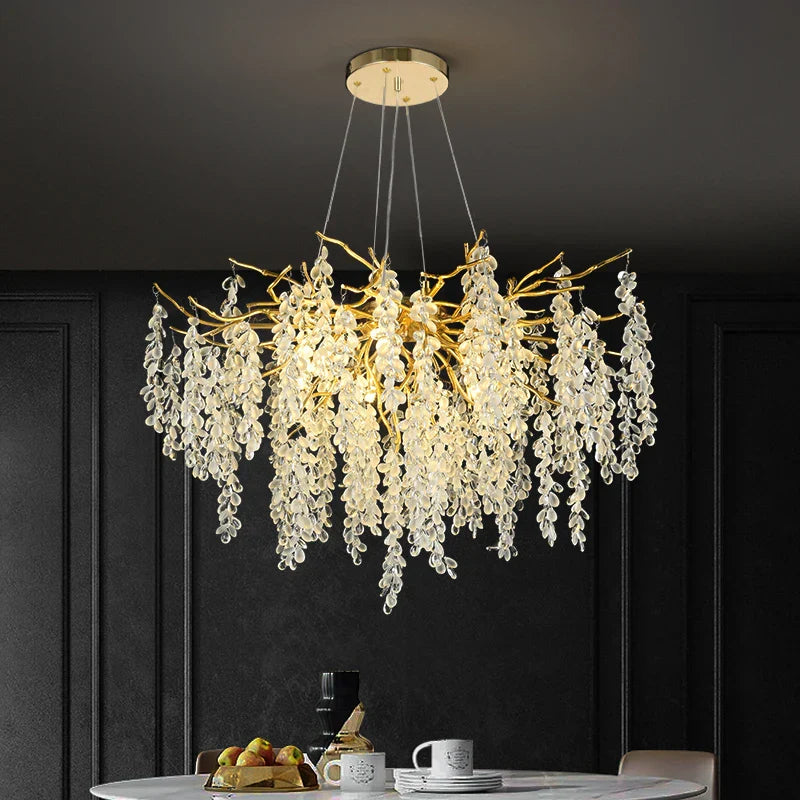 DecorBites™ Frosted Aluminum Golden Branch Crystal Chandelier