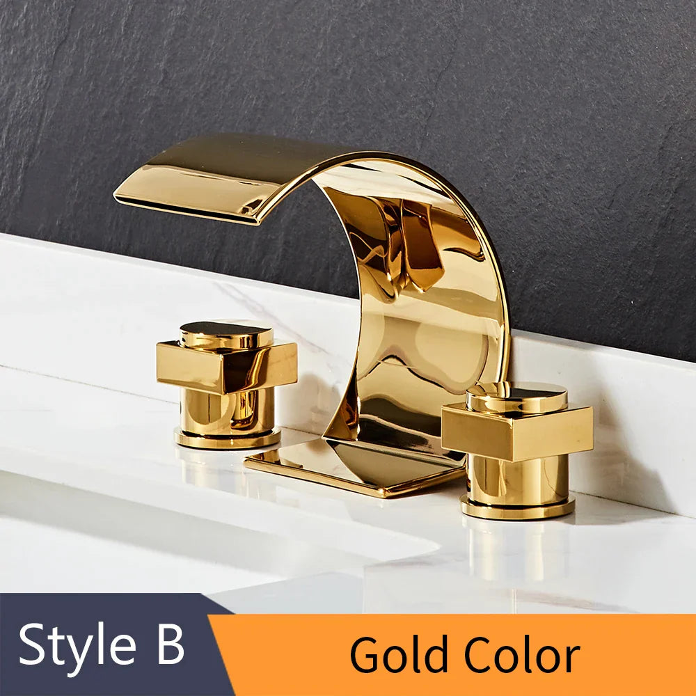 Grifo de Lavabo de Doble Asa en Oro Decorbites™ - Mezclador de Tres Agujeros para Lavabo de Baño