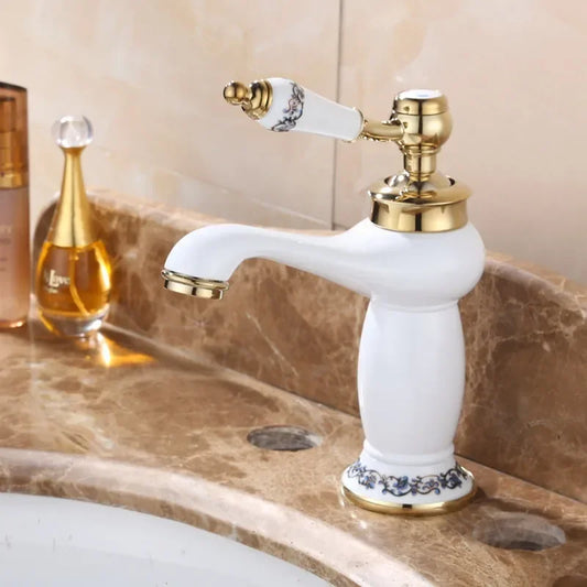 DecorBites™ High Quality White Ceramic Basin Faucet with Golden Finish