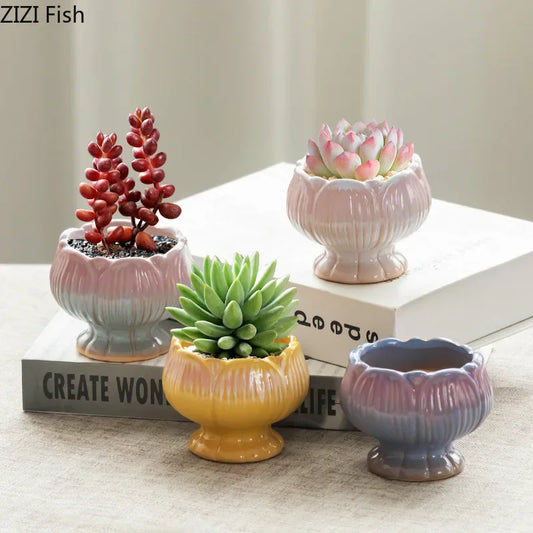 DecorBites™ Lotus Flower Ceramic Vase: Small Plant Pots for Table Decoration and Room Aesthetic