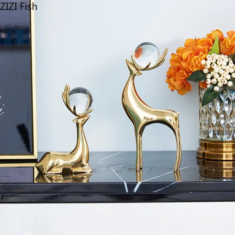 DecorBites™ Golden Deer Crystal Ball Antler Sculpture - Room Decor