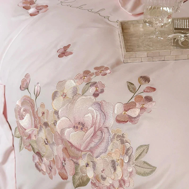 Decobites Pink Flowers Embroidery Cotton Bedding Set - Duvet Cover, Bed Sheet, Pillowcases