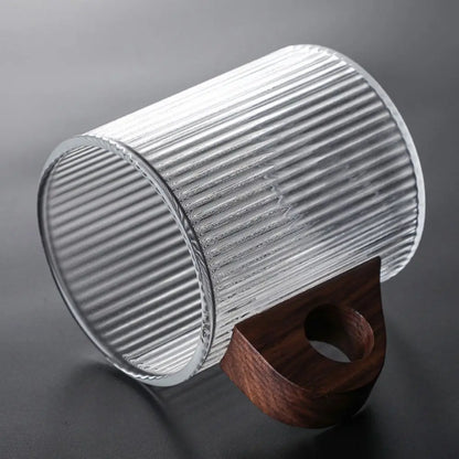 DecorBites™ Glass Coffee Mug with Wooden Handle, Japanese-Style Tea Cup, Vertical Stripes