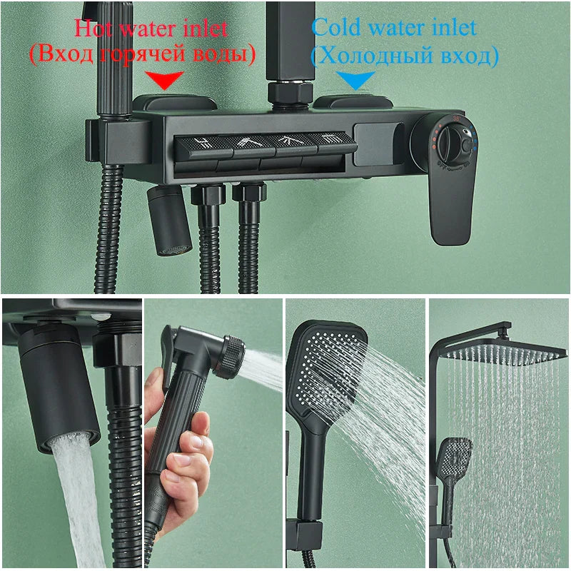 DecorBites™ Digital Display Thermostatic Shower Faucet Set with Rainfall Shower Column in Chrome