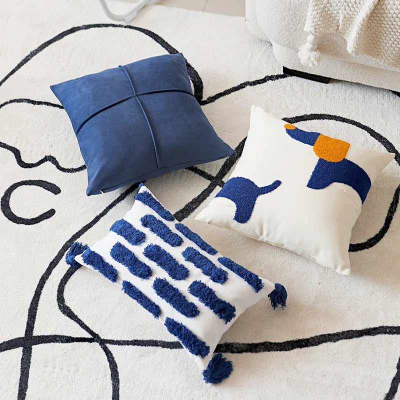 Blue Tufted Embroidered Pillow