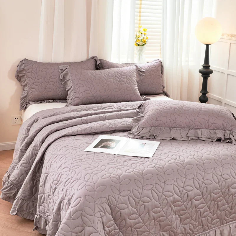 DecorBites™ Leaf Embroidery Double Layer Lace Ruffles Quilt Set with Bedspread & Pillowcases