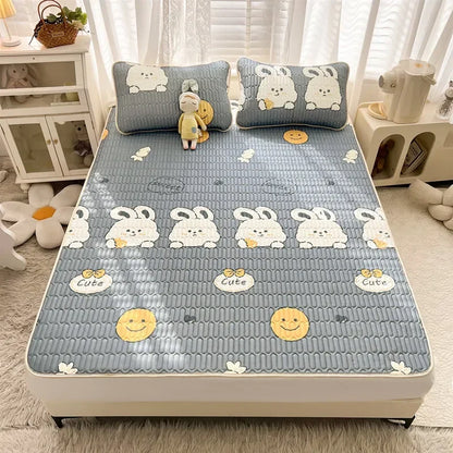 DecorBites™ Cartoon Print Silky Mattress Set: 4-Layer Quilted Breathable Cushion