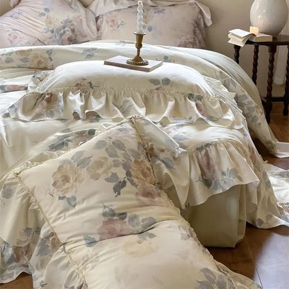 Decobites French Rose Flowers Print Bedding Set, Elegant Ruffles Princess Collection