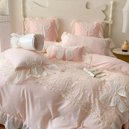 Decobites Romantic Lace Ruffles Bedding Set with Bow Decoration - Pink Girls Duvet Cover Set