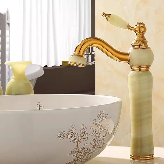 DecorBites™ Gold Jade Brass Bathroom Basin Faucet | Deck Mounted Hot Cold Water Mixer