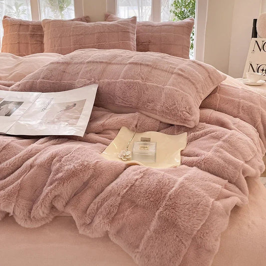 Decobites Faux Rabbit Fur Plush Queen Bedding Set for Autumn Winter Warmth