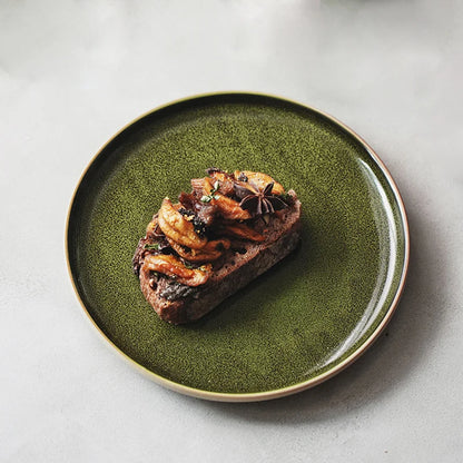 DecorBites™ Green Ceramic Dinner Plate - Retro Shallow Pasta Plate, Salad Sushi Plate, Steak Plate - Set of 4