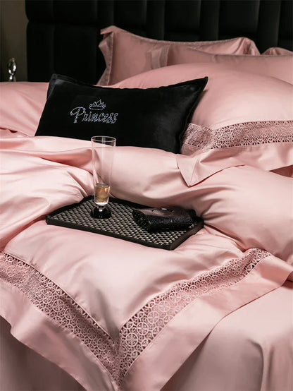 Decobites Luxury Lace Edge Bedding Set: Queen King Duvet Cover, Bed Sheet, Pillowcase