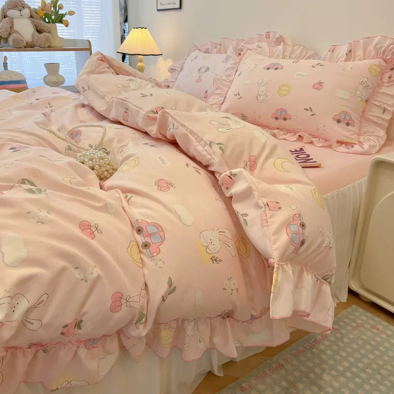 Decorbites™ Spitzen-Bettwäsche-Set: Bedrucktes Design, Einzelbett-Größe Queen, Gemütliche Steppbettbezug, Spannbettlaken, 2 Kissenbezüge
