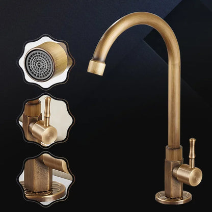DecorBites™ Brass Classic Cold Water Kitchen Faucet, Single Lever Gooseneck Tap, Bronze Brushed Finish