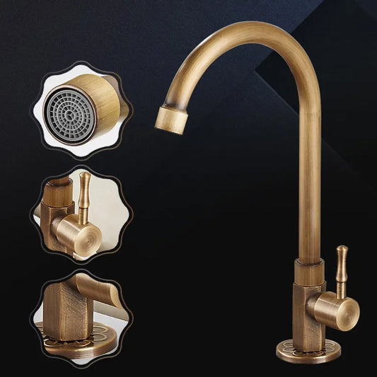DecorBites™ Brass Classic Cold Water Kitchen Faucet, Single Lever Gooseneck Tap, Bronze Brushed Finish