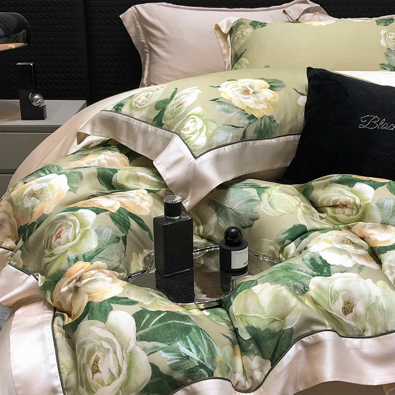 Decobites Rose Flowers Bamboo Fiber Bedding Set: Soft & Silky, 1 Duvet Cover, 2 Pillowcases, 1 Flat Sheet