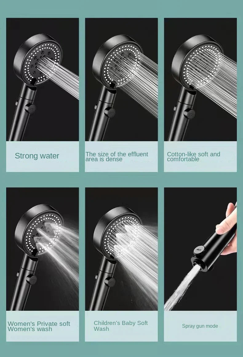 DecorBites™ Black Round High Pressure Shower Head with 6 Modes & Water Stop Knobs