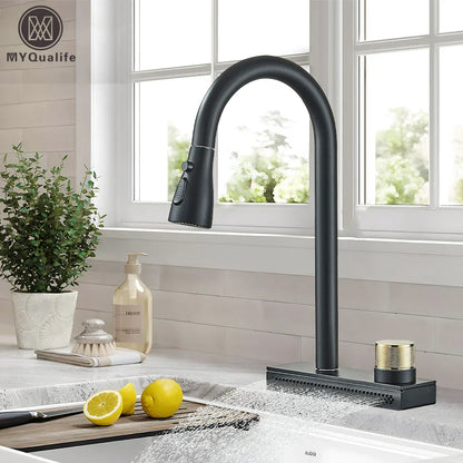 DecorBites™ Black Kitchen Faucet 4 Function Brass Single Hole Mixer Deck Mounted