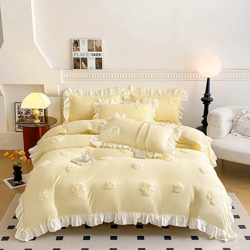 Decobites Pink Stereoscopic Bedding Set: Handwork Flowers Embroidery, Ruffle, Korean Style