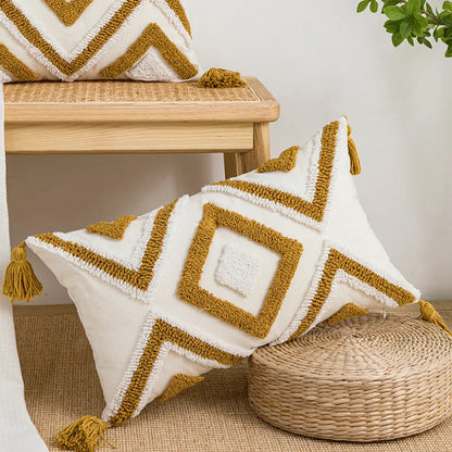 DecorBites™ Boho Loop Tufted Tassel Pillow Cover - Ethnic Embroidered Decorative Cushion