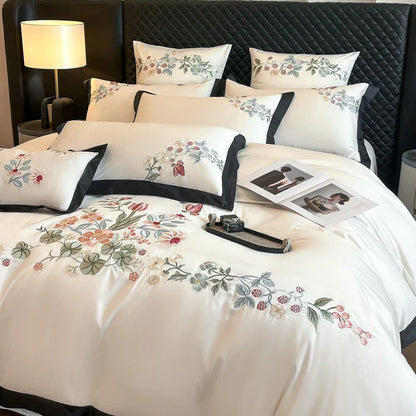 Luxury Flowers Embroidery Black Cotton Bedding Set by Decobites - 4Pcs