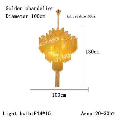 DecorBites™ Fringed Chandelier: Silver & Gold Aluminium Chain Pendant Light for Luxe Home & Hotel Decor