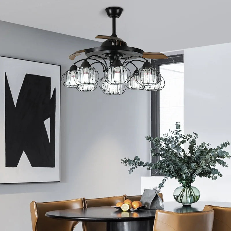 DecorBites™ Black Crystal LED Ceiling Fan Chandelier, 6/9 Heads, Remote Control, Reverse Motor