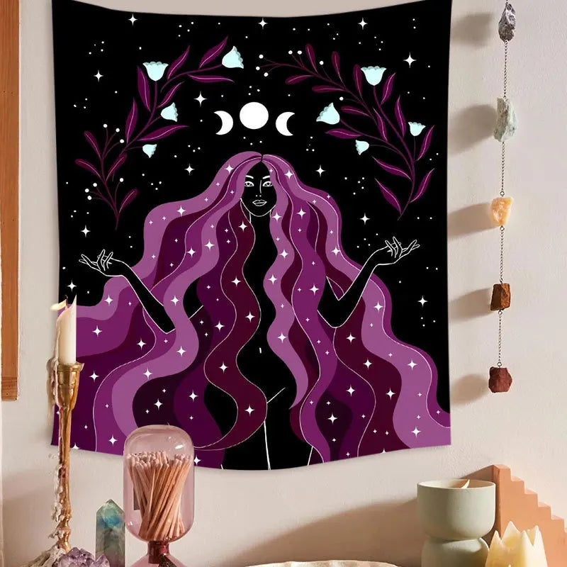 Moon Phase Rainbow Girl Tapestry for Decobites Home Decor