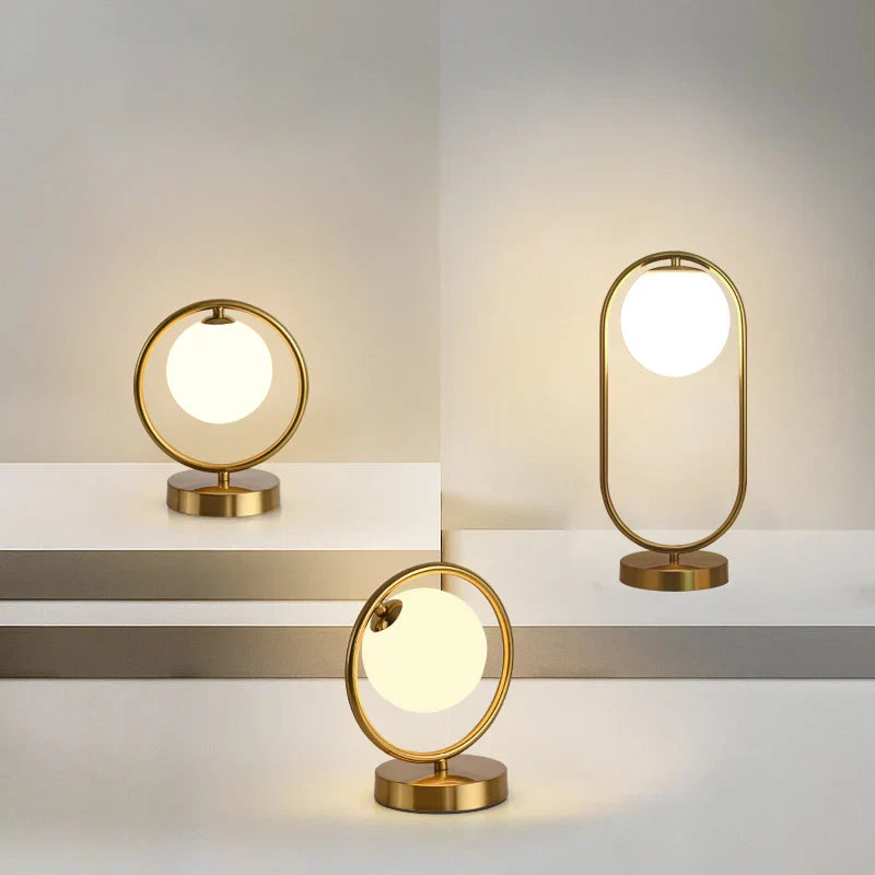 DecorBites™ LED Brass Glass Table Lamp for Bedside Reading Desk - Modern Round Ring Design